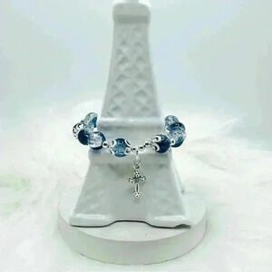 Sea Blue Gradient Beaded Cross Charm Bracelet